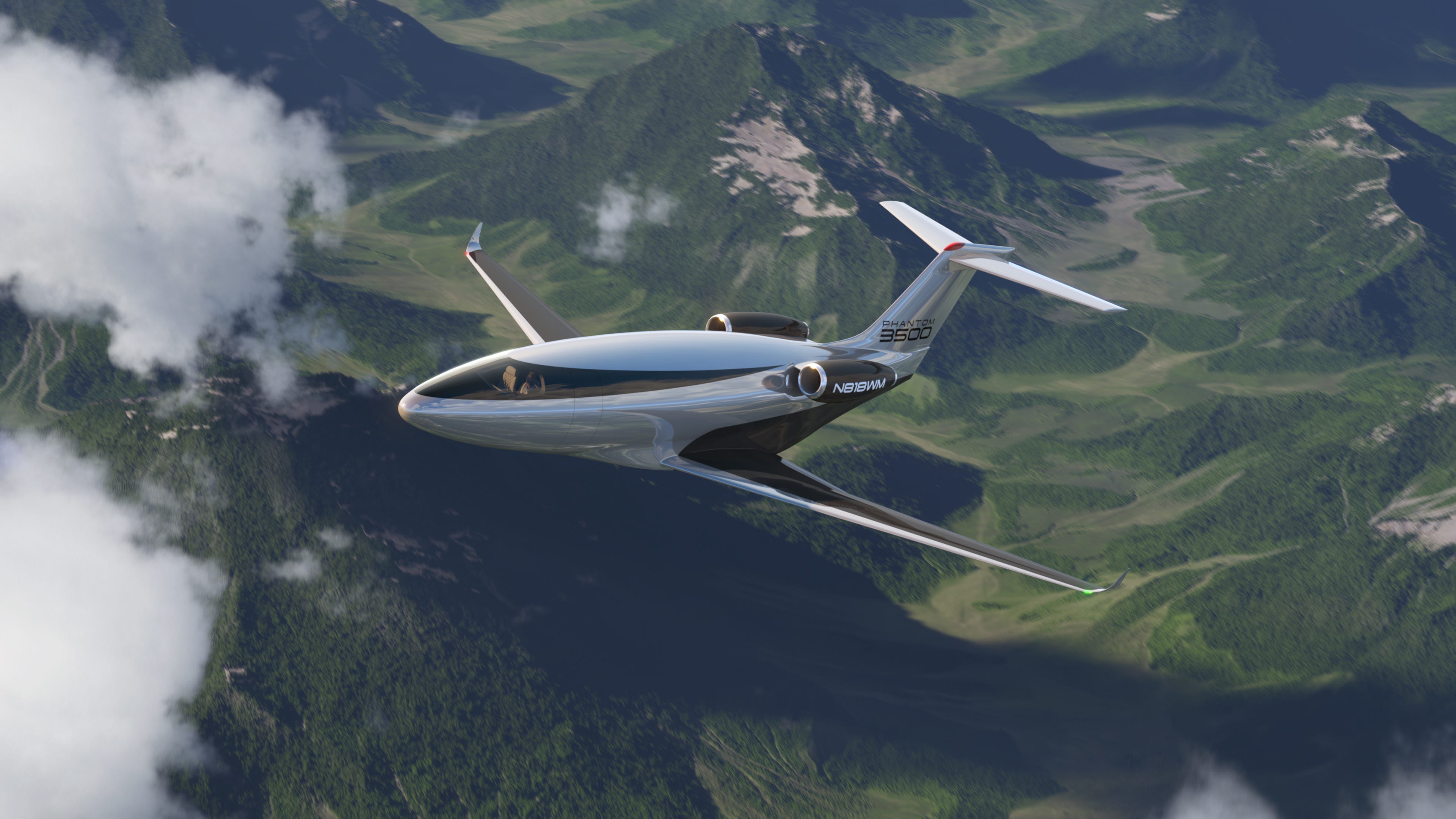 A picutre of the egg-shapred demonstrator flying over green mountains.