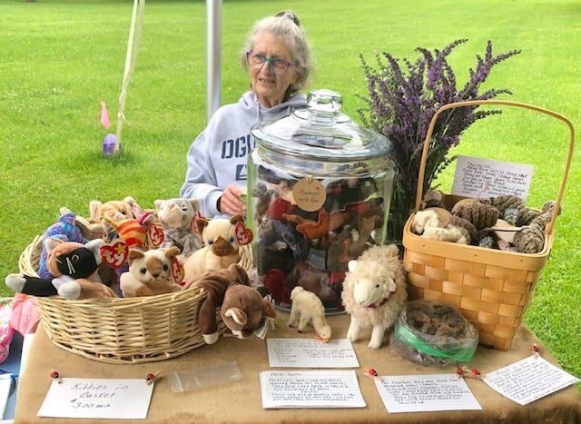 The author's mother is at a table at the farmer's market, raising money for local feral cats.
