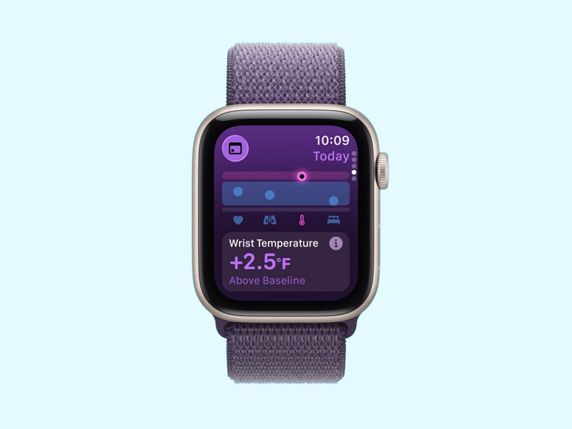 An Apple Watch over a blue background.