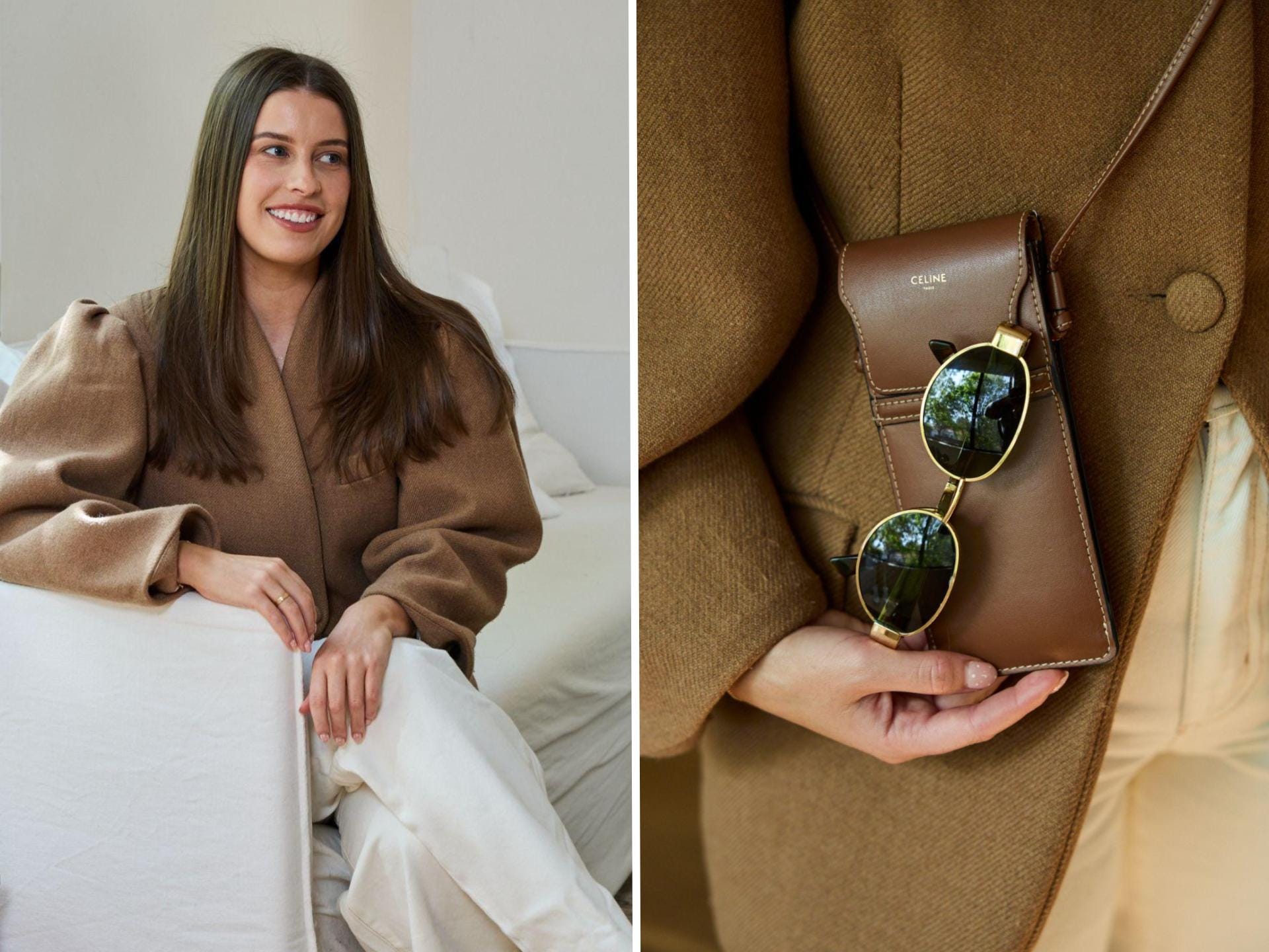 Claudia Gough (left) and her accessories, including sunglasses and a jacket (right).