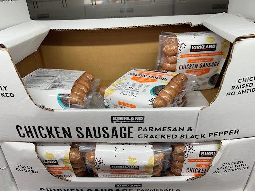 Kirkland chicken sausage packs  on display at Costco