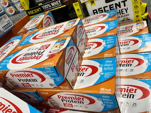 Premier Protein Shake boxes  on display at Costco