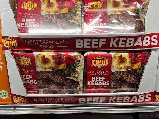 Beef kebabs on display at Costco