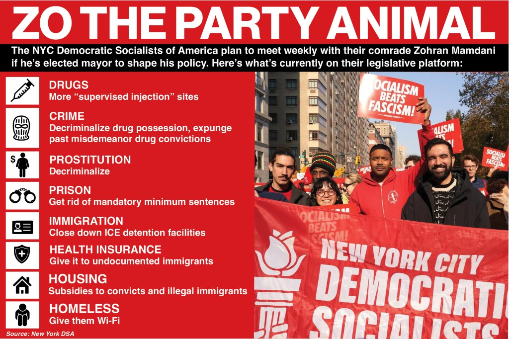 A digital graphic about Zoran and the DSA, showing a legislative platform on the left and a photo of people holding up socialist signs on the right.