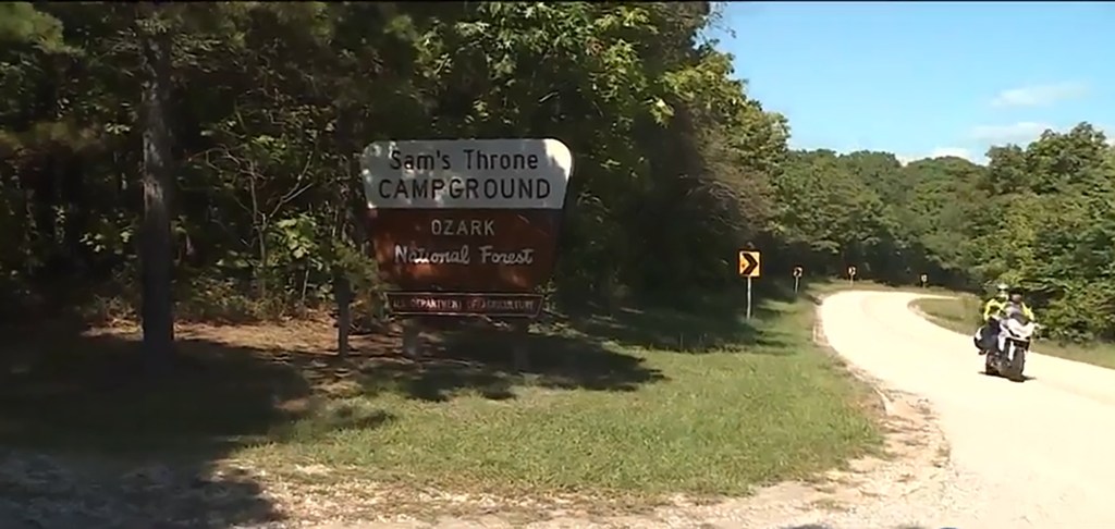 Sign for Sam's Throne Campground in Ozark National Forest.