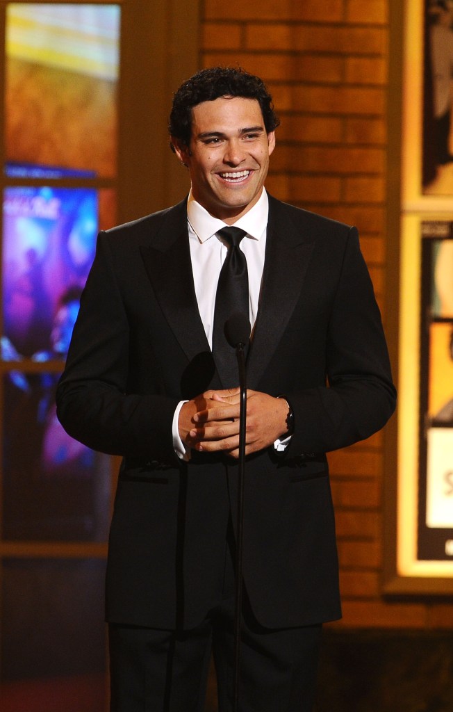 Mark Sanchez speaking onstage during the 64th Annual Tony Awards.