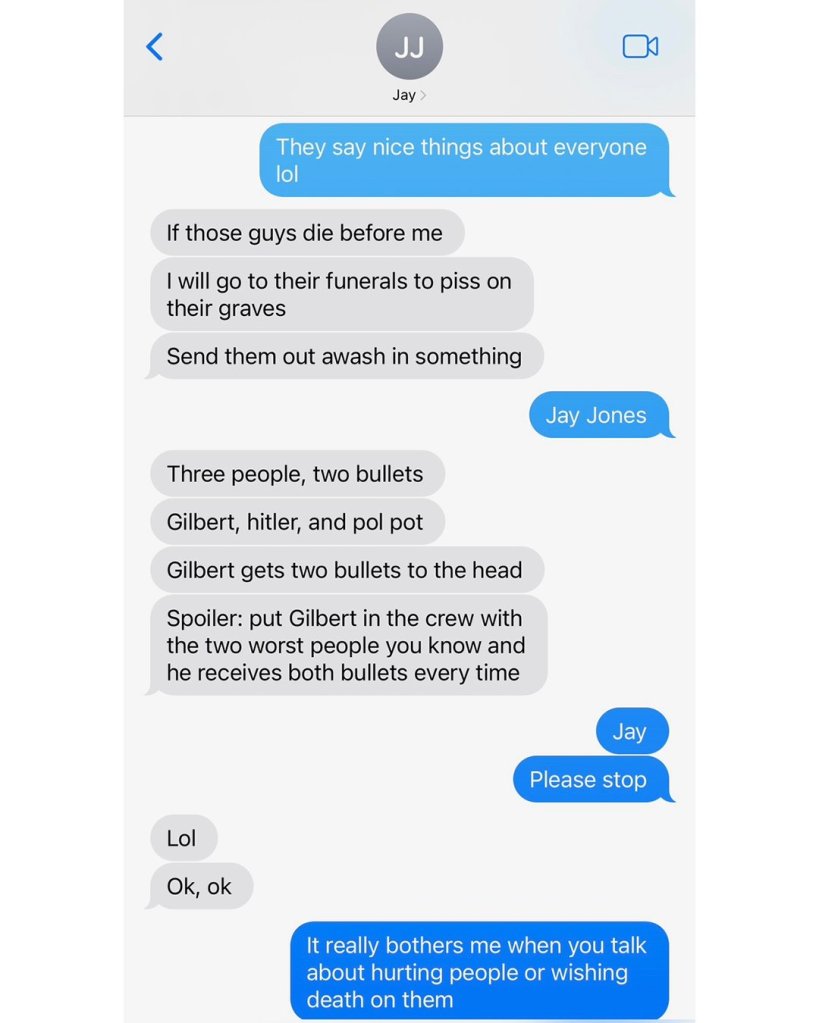 A text message conversation showing offensive messages about wishing death and harm upon others.