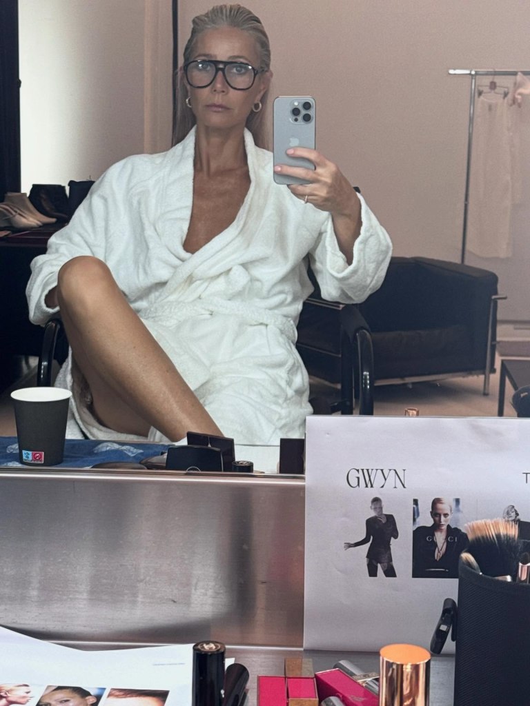Goop queen Gwyneth Paltrow posts a mirror selfie with some clues about her upcoming clothing line, Gwyn.
