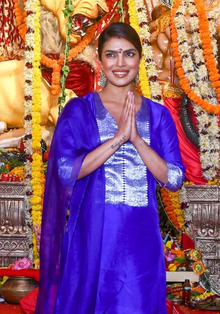 Priyanka Chopra  celebrates Durga Puja, an annual Hindu festival, with family friends in Mumbai, India.