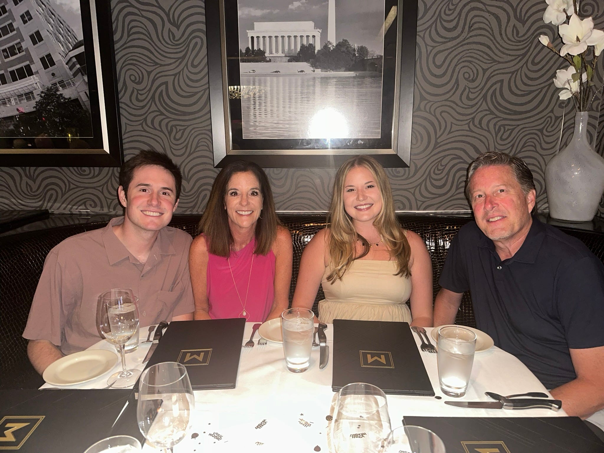 The author, right, with her family out to dinner.