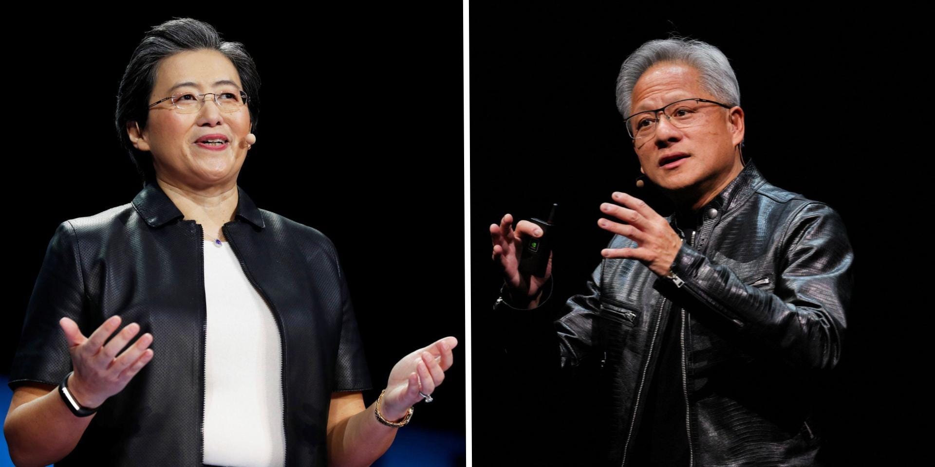 A photo splice of Lisa Su and Jensen Huang