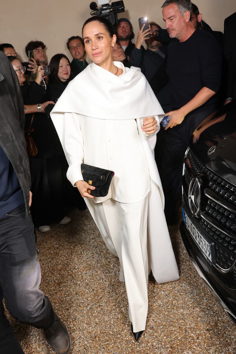 PARIS, FRANCE - OCTOBER 04: Meghan Markle, Duchess of Sussex attends the Balenciaga Womenswear Spring/Summer 2026 show as part of Paris Fashion Week on October 04, 2025 in Paris, France. (Photo by Arnold Jerocki/Getty Images for Balenciaga)