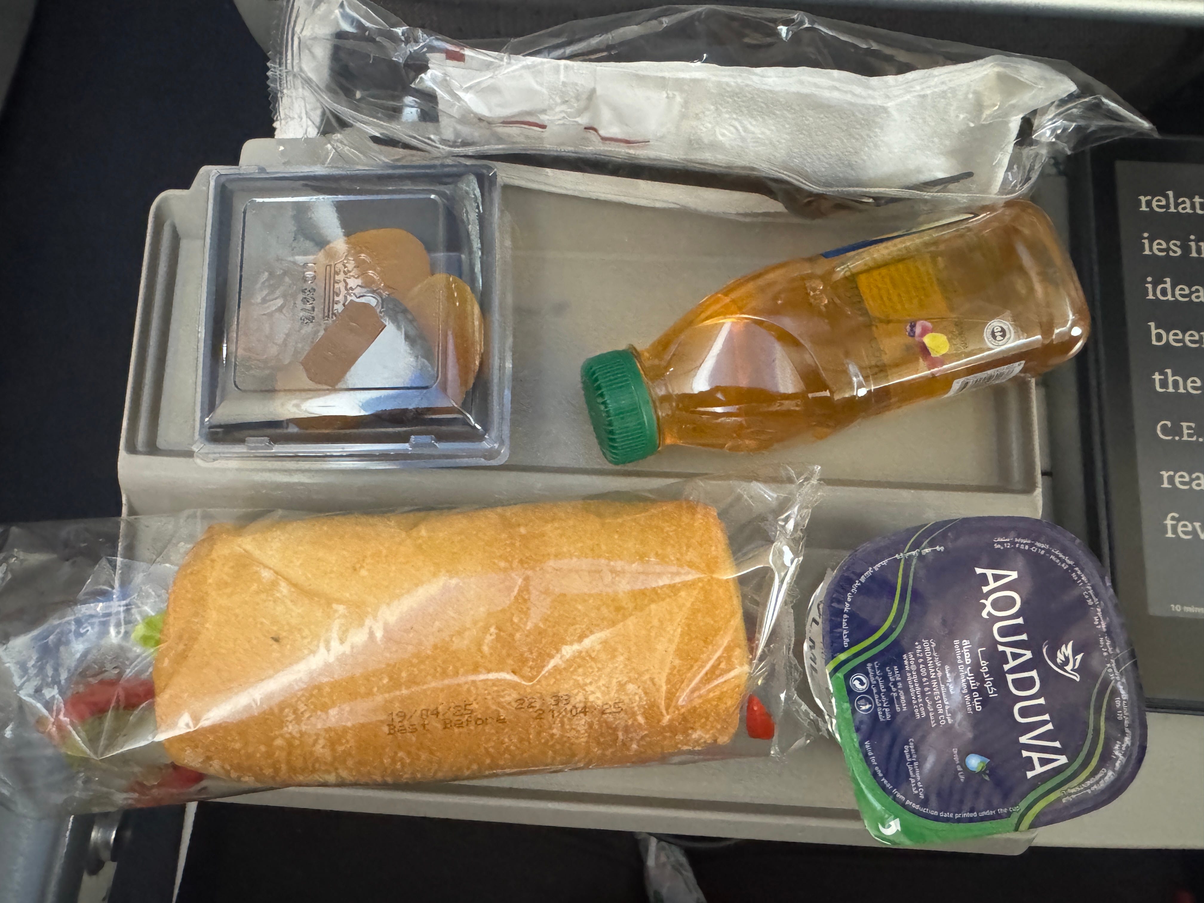 Napkin, yogurt, apple juice, sandwich  on plane tray table