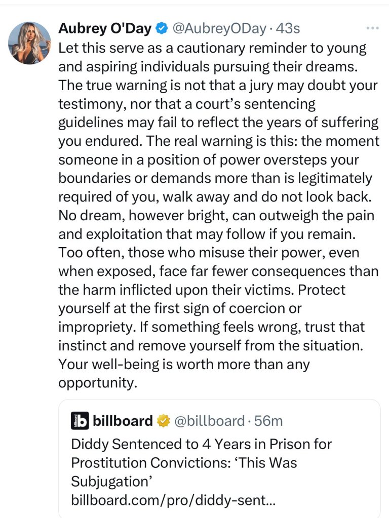 A tweet from Aubrey O'Day offering a warning to young artists about protecting themselves from powerful individuals, followed by a Billboard headline about Diddy's sentencing for prostitution convictions.