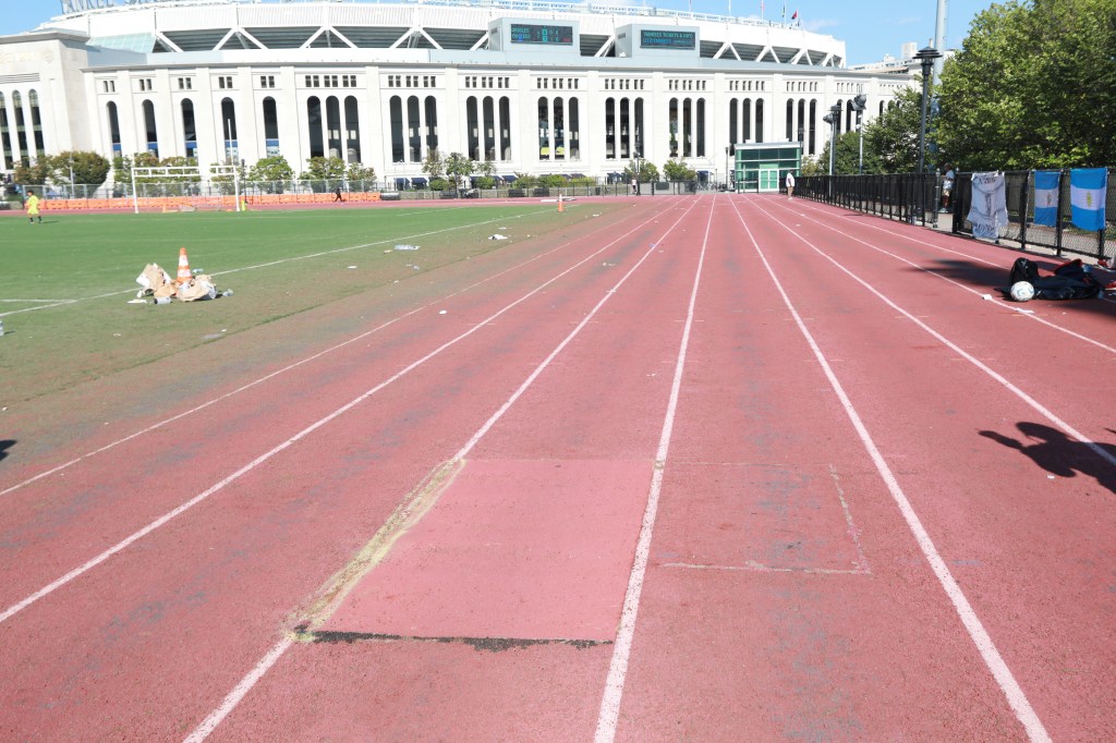 A running track and soccer field next to Yankee Stadium.