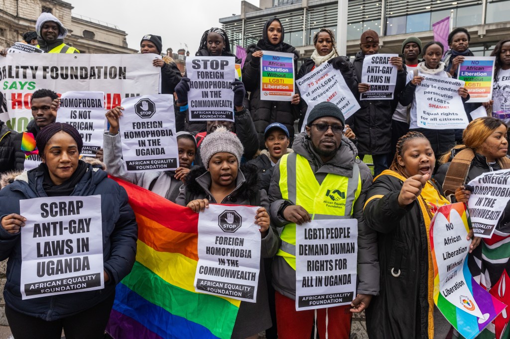 A London protest against Uganda's anti-LGBT laws on March 11, 2024.