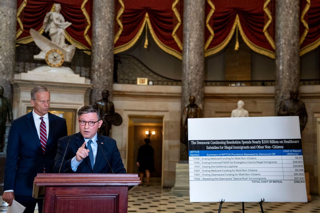 Speaker of the House Mike Johnson speaks at a press conference, with Senator John Thune standing behind him, and a chart detailing the cost of healthcare subsidies for immigrants.