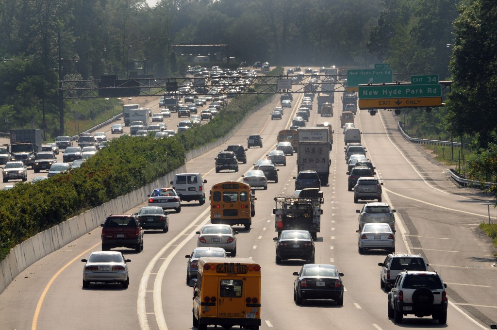 Congested traffic on the Long Island Expressway facing West towards Manhattan from New Hyde Park, NY.