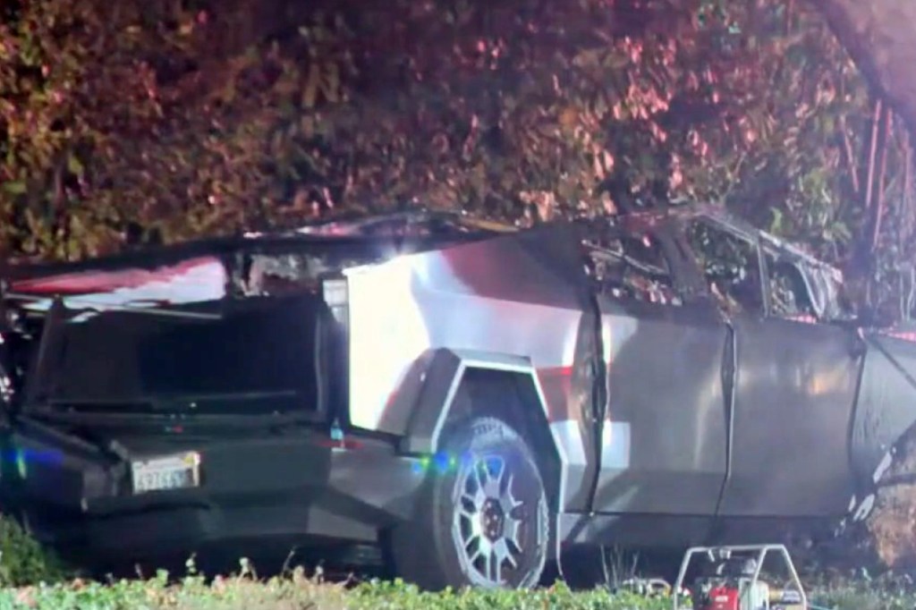 A damaged Tesla Cybertruck after a crash.