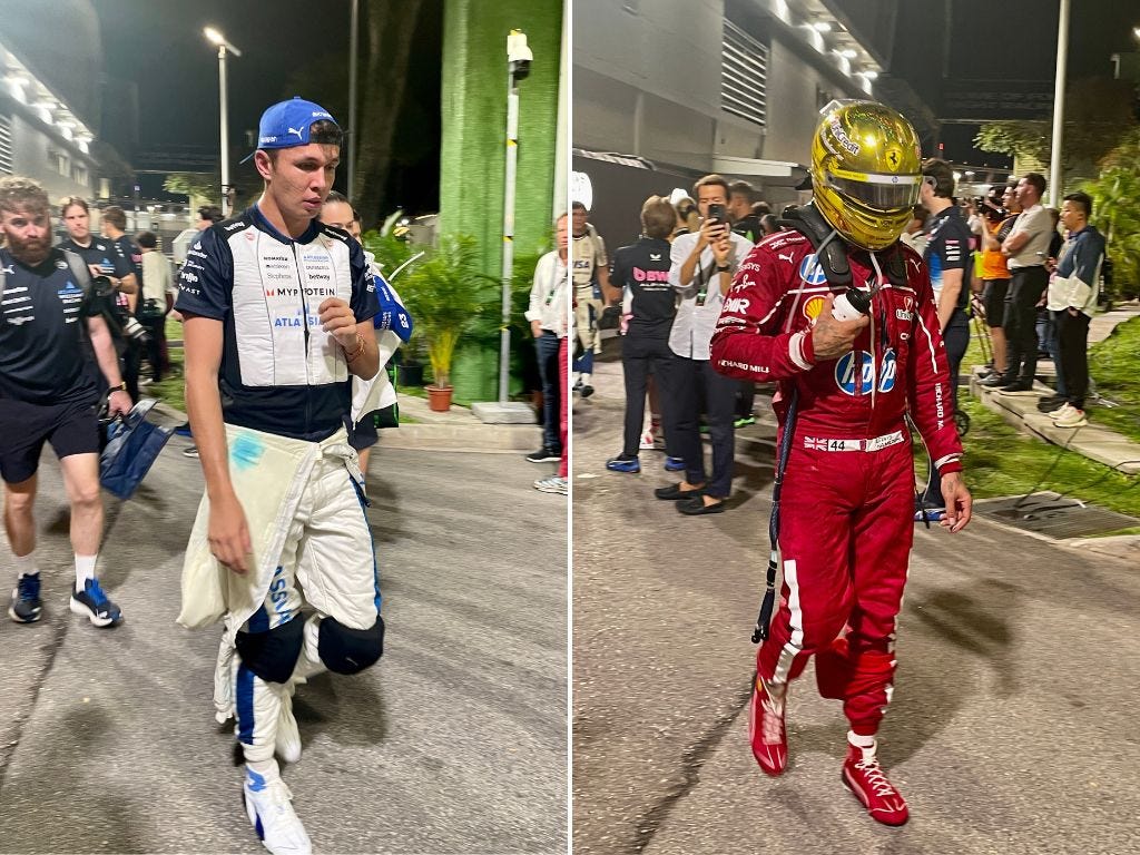 Drivers Alexander Albon and Lewis Hamilton.