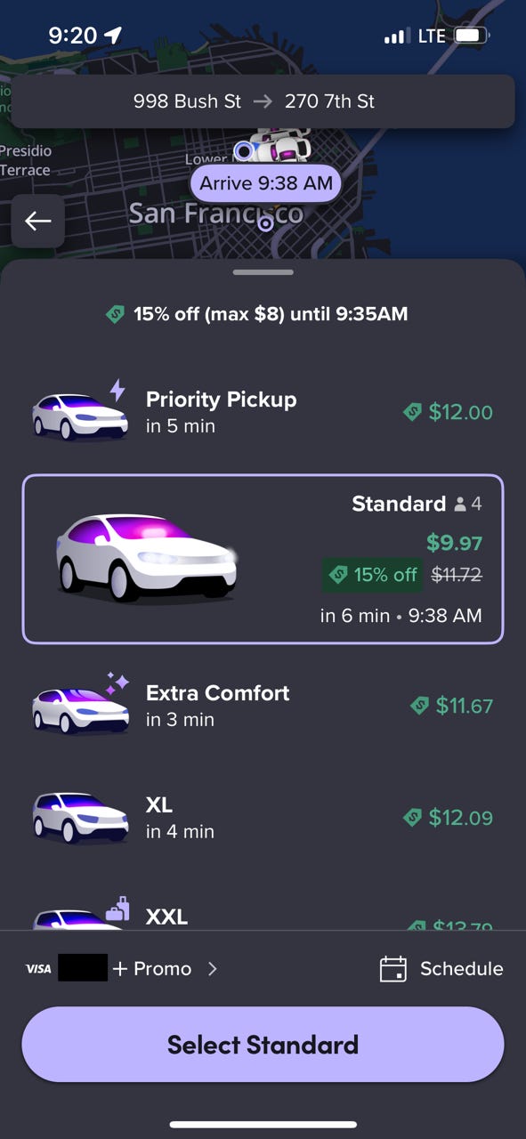 A phone screenshot shows a potential Lyft ride in downtown San Francisco.