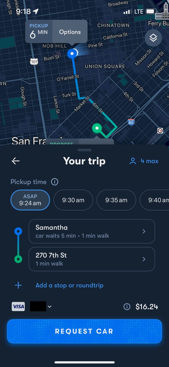 A phone screenshot shows a potential ride on Waymo in downtown San Francisco.