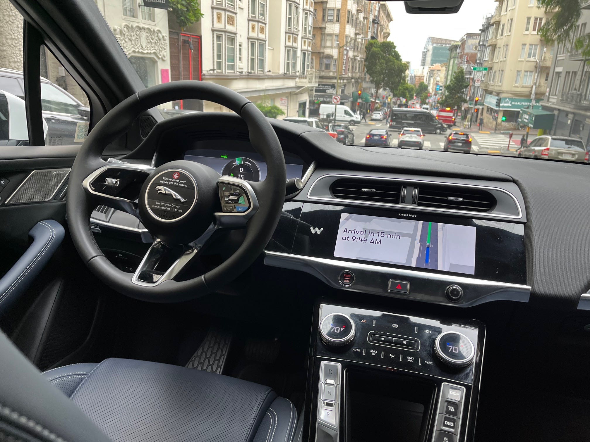 The front seat of a Waymo car in San Francisco sits empty.