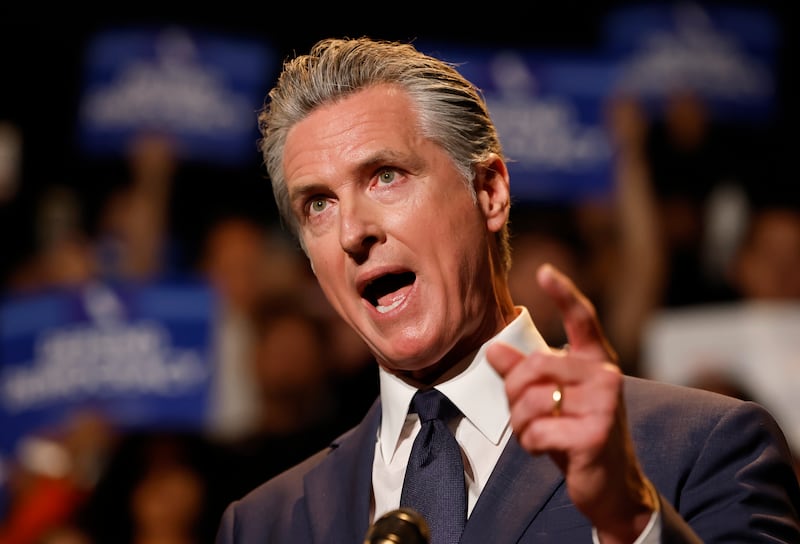 LOS ANGELES, CALIFORNIA - AUGUST 14: California Governor Gavin Newsom speaks about California redistricting plans at a press conference at the Democracy Center, Japanese American Museum on August 14, 2025 in Los Angeles, California. Newsom spoke about a possible California referendum on redistricting to counter the legislative effort to add five Republican House seats in the state of Texas.