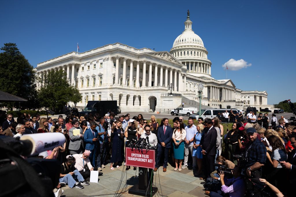 Epstein survivor Marina Lacerda speaks at a press conference on the Epstein Files Transparency Act in Washington, D.C.