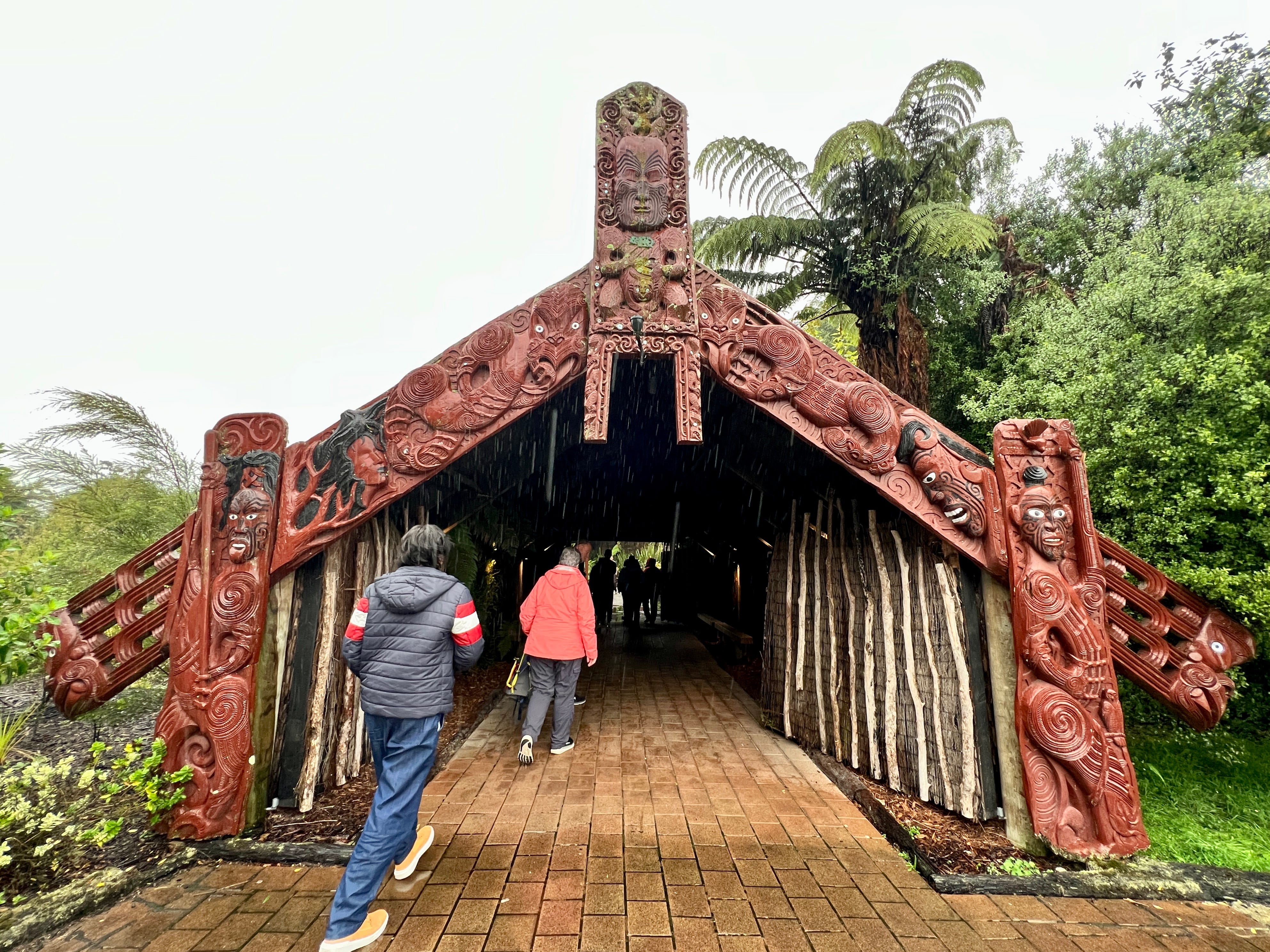 Carved entryway at Te Pa Tu in Rotorua