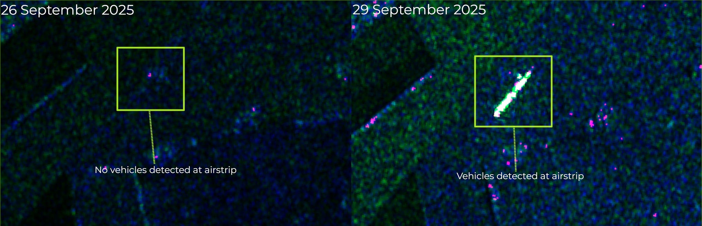 Synthetic aperture radar image of an airfield in northern Ukraine in September.