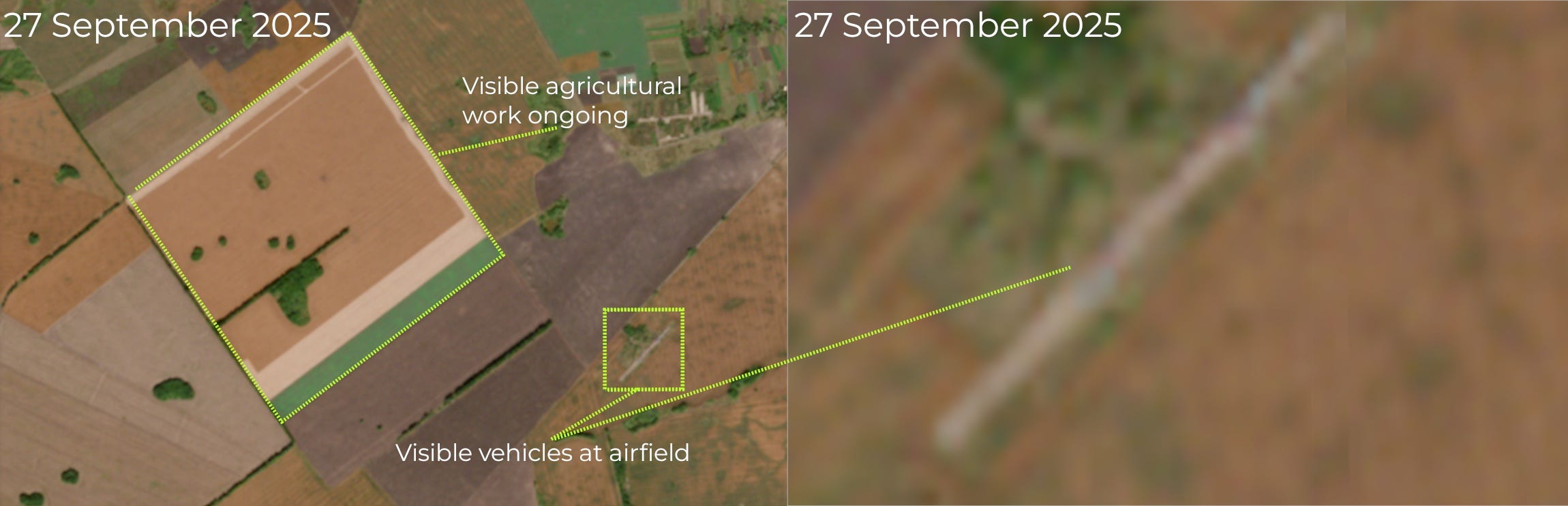 A satellite image of an airfield in northern Ukraine in September.