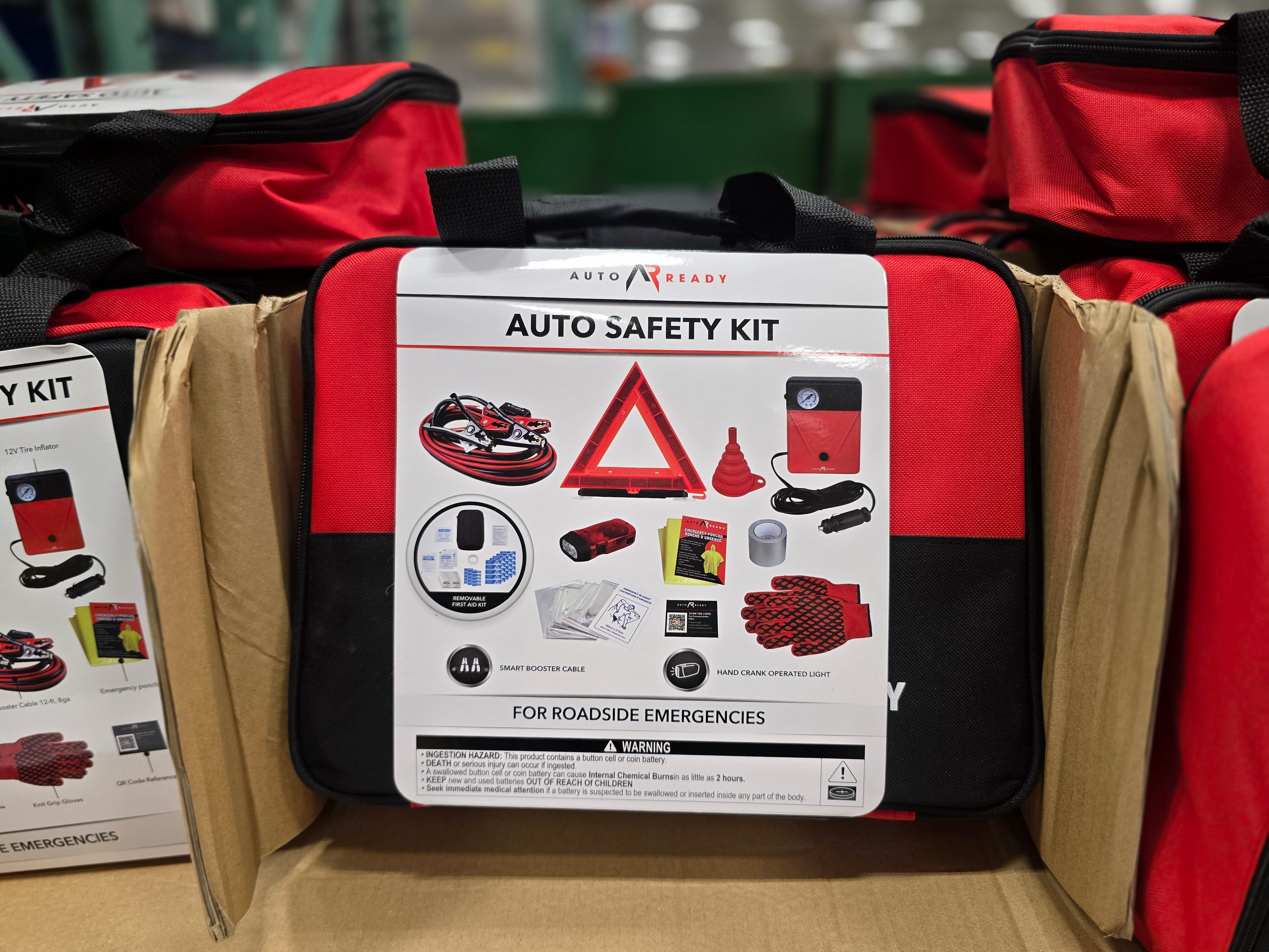 An auto safety kit that includes supplies for roadside emergencies.