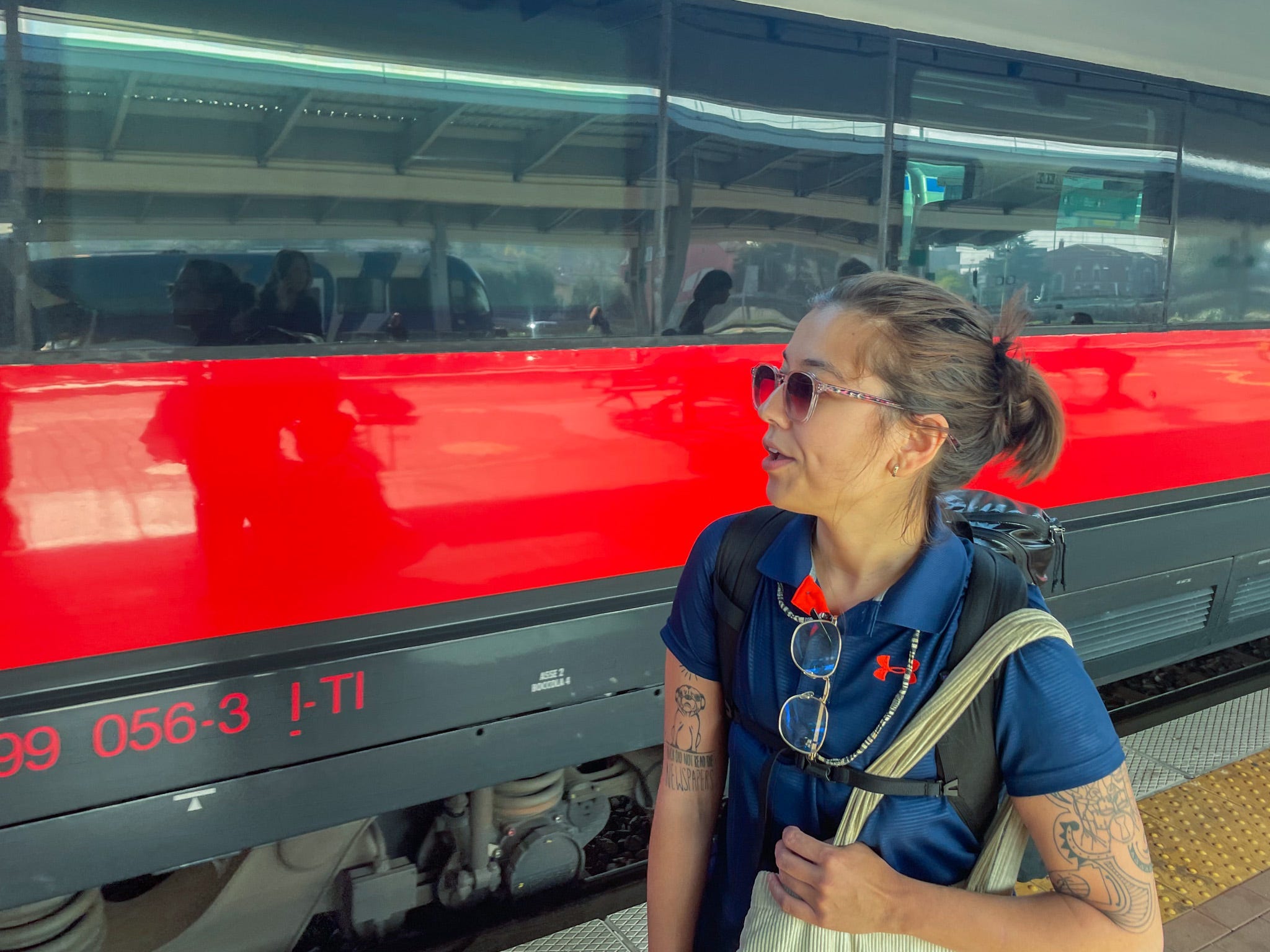 The author prepares to board a train in Europe.