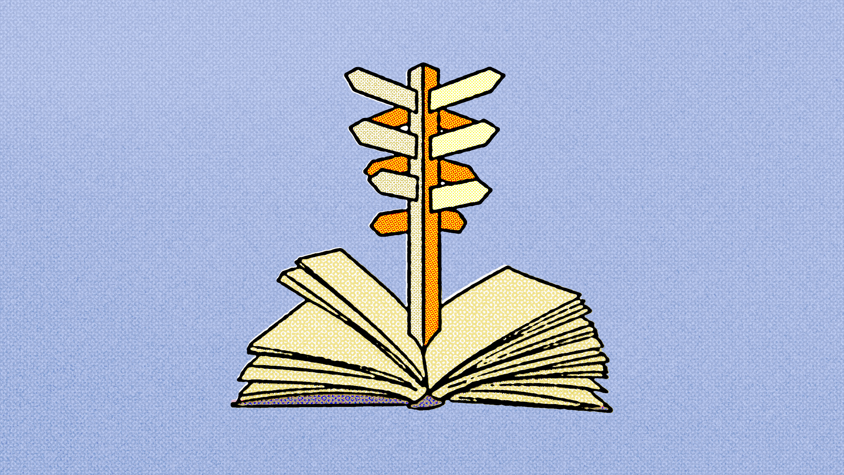 Illustration of a yellow open book with a signpost sprouting from its center, against a field of blue.
