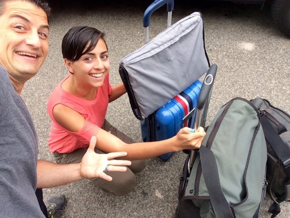 Carey and Demir Bentley with luggage when they moved to Bali.