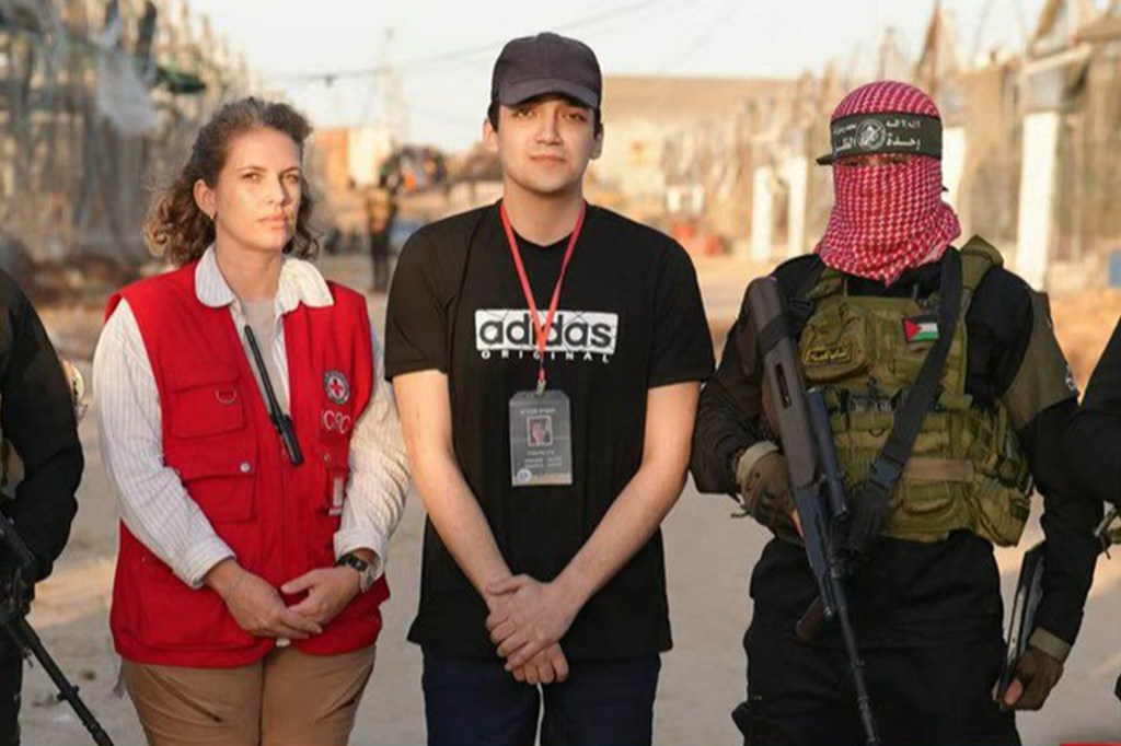 American-Israeli Hamas hostage Edan Alexander pictured in the Gaza Strip during his handover to the Red Cross on May 12, 2025. 