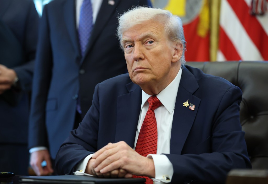 President Donald Trump delivers remarks in the Oval Office of the White House on October 06, 2025 in Washington, DC.
