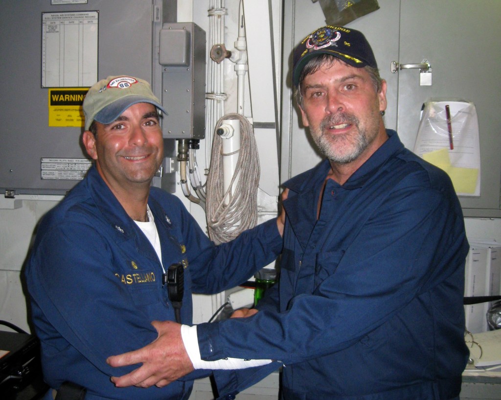 Richard Phillips thanking Cmdr. Frank Castellano, commanding officer of the USS Bainbridge, after he was rescued off the coast of Somalia on April 12, 2009.