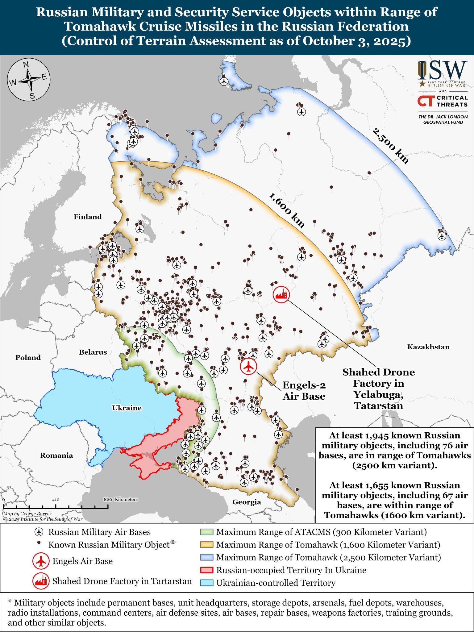 A map showing potential targets for Tomahawk cruise missiles.