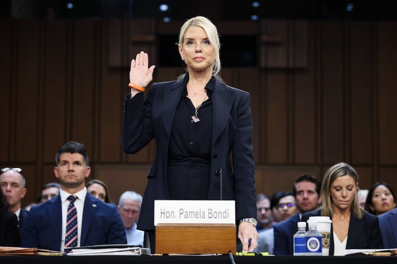 WASHINGTON, DC - OCTOBER 07: U.S. Attorney General Pam Bondi is sworn in to testify before the Senate Judiciary Committee in the Hart Senate Office Building on Capitol Hill on October 07, 2025 in Washington, DC. Bondi is expected to face criticism from Democrats on the Justice Department’s targeting of President Trump’s political opponents, including the recent indictment of former FBI Director James Comey. (Photo by Win McNamee/Getty Images)
