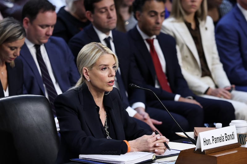 WASHINGTON, DC - OCTOBER 07: U.S. Attorney General Pam Bondi testifies before the Senate Judiciary Committee in the Hart Senate Office Building on Capitol Hill on October 07, 2025 in Washington, DC. Bondi is expected to face criticism from Democrats on the Justice Department’s targeting of President Trump’s political opponents, including the recent indictment of former FBI Director James Comey. (Photo by Win McNamee/Getty Images)
