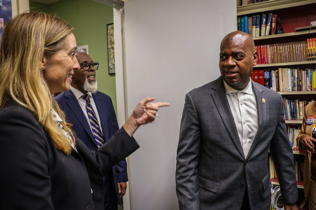 Mikie Sherrill pointing at an attendee during her campaign at Second Baptist Church in Atlantic City.