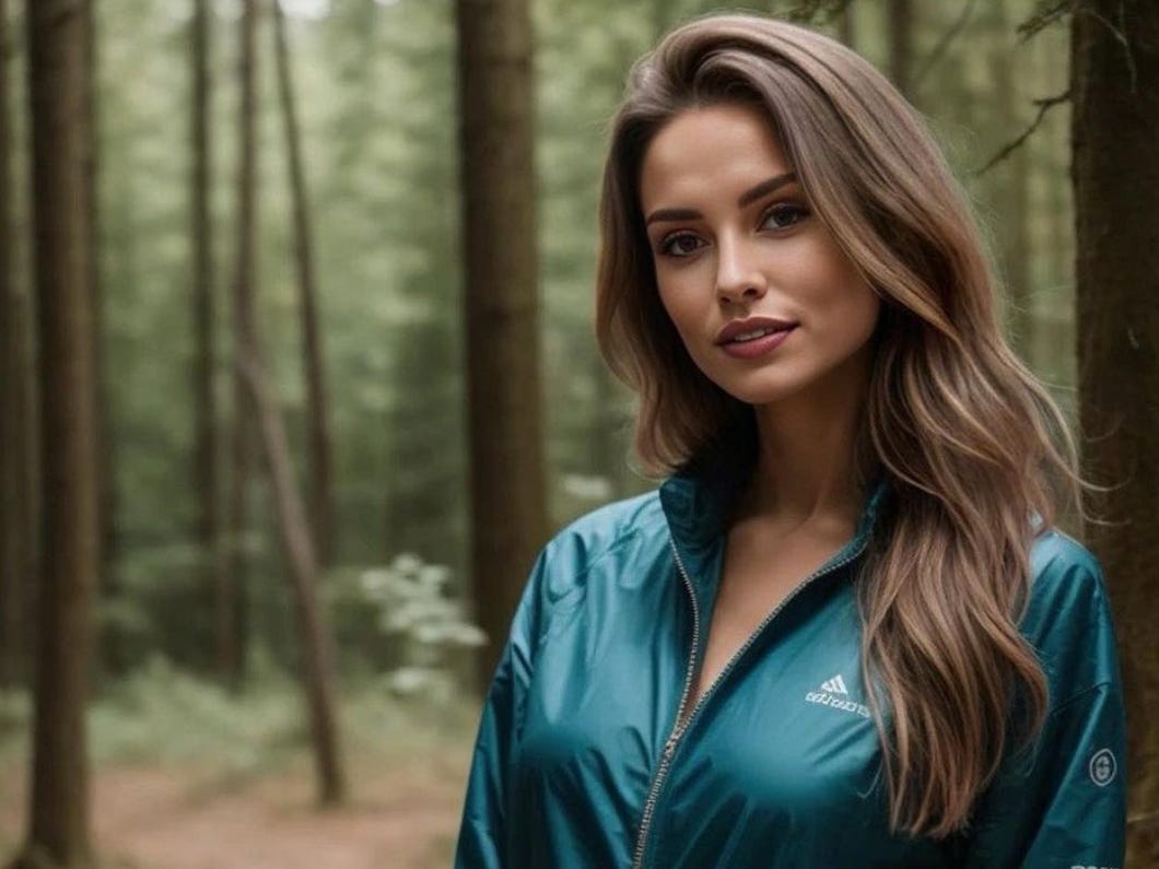 Ai-generated image of a woman in a one-piece tracksuit sitting in a forest.