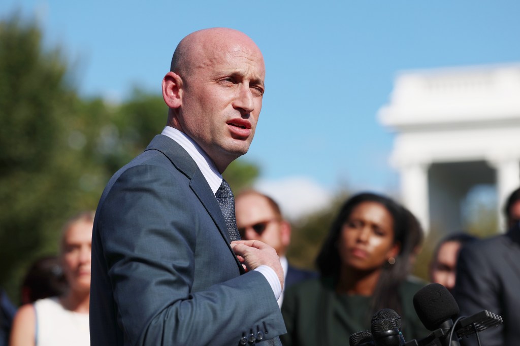 Presidential Advisor Stephen Miller speaks to the press at the White House.