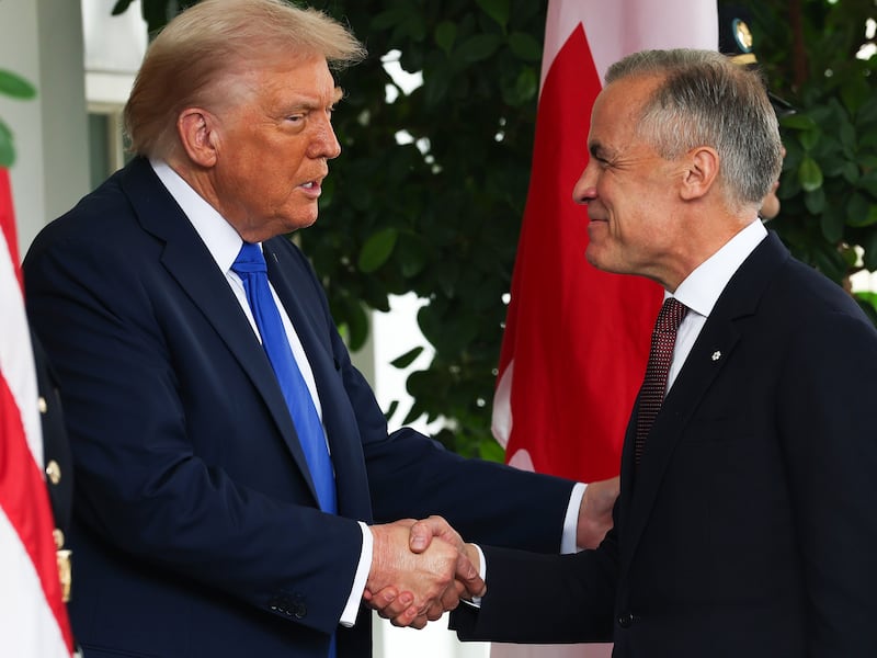 WASHINGTON, DC - OCTOBER 07:  U.S. President Donald Trump (L) welcomes Canadian Prime Minister Mark Carney outside the West Wing of the White House on October 07, 2025 in Washington, DC. Carney visited the White House earlier in the year after he was elected prime minister. Carney and Trump will meet in the Oval Office and later have a bilateral lunch where they are expected to discuss a range of topics including U.S. tariffs. (Photo by Anna Moneymaker/Getty Images)