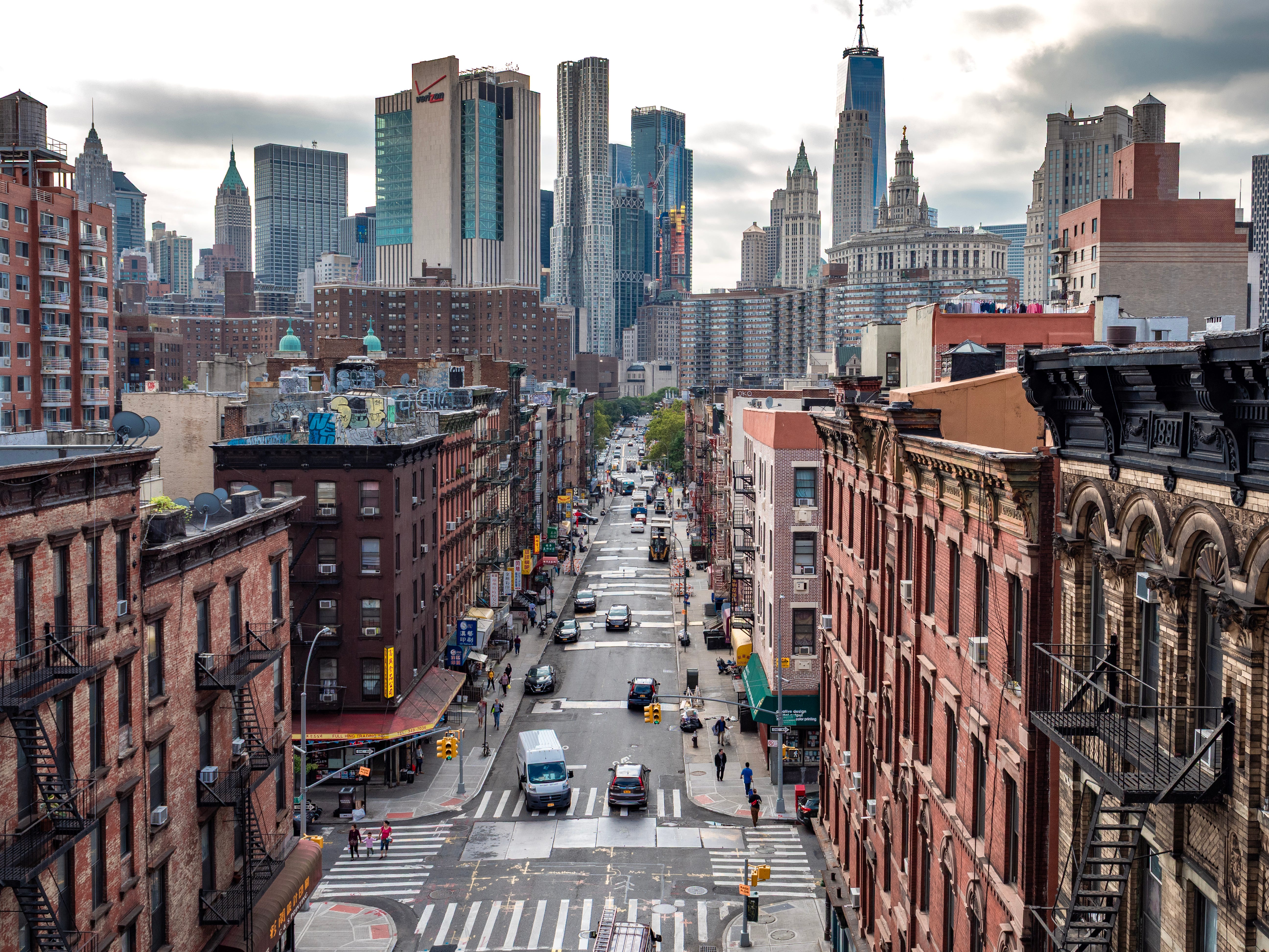 An aerial view of downtown New York City.
