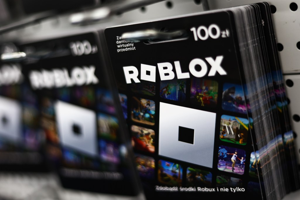 Roblox gift cards displayed in a store in Krakow, Poland.