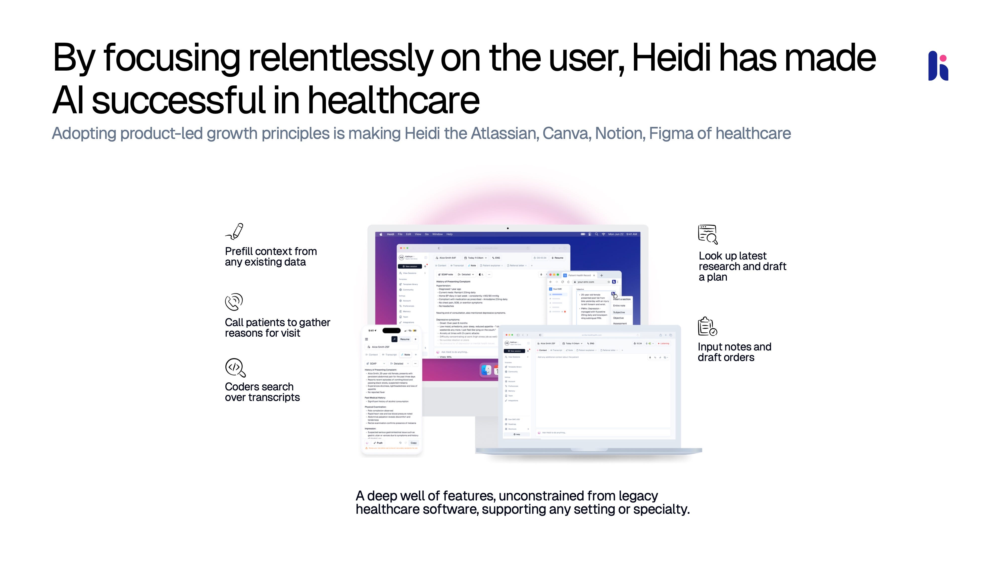 Heidi Health pitch deck slide 4 — By focusing relentlessly on the user, Heidi has made AI successful in healthcare