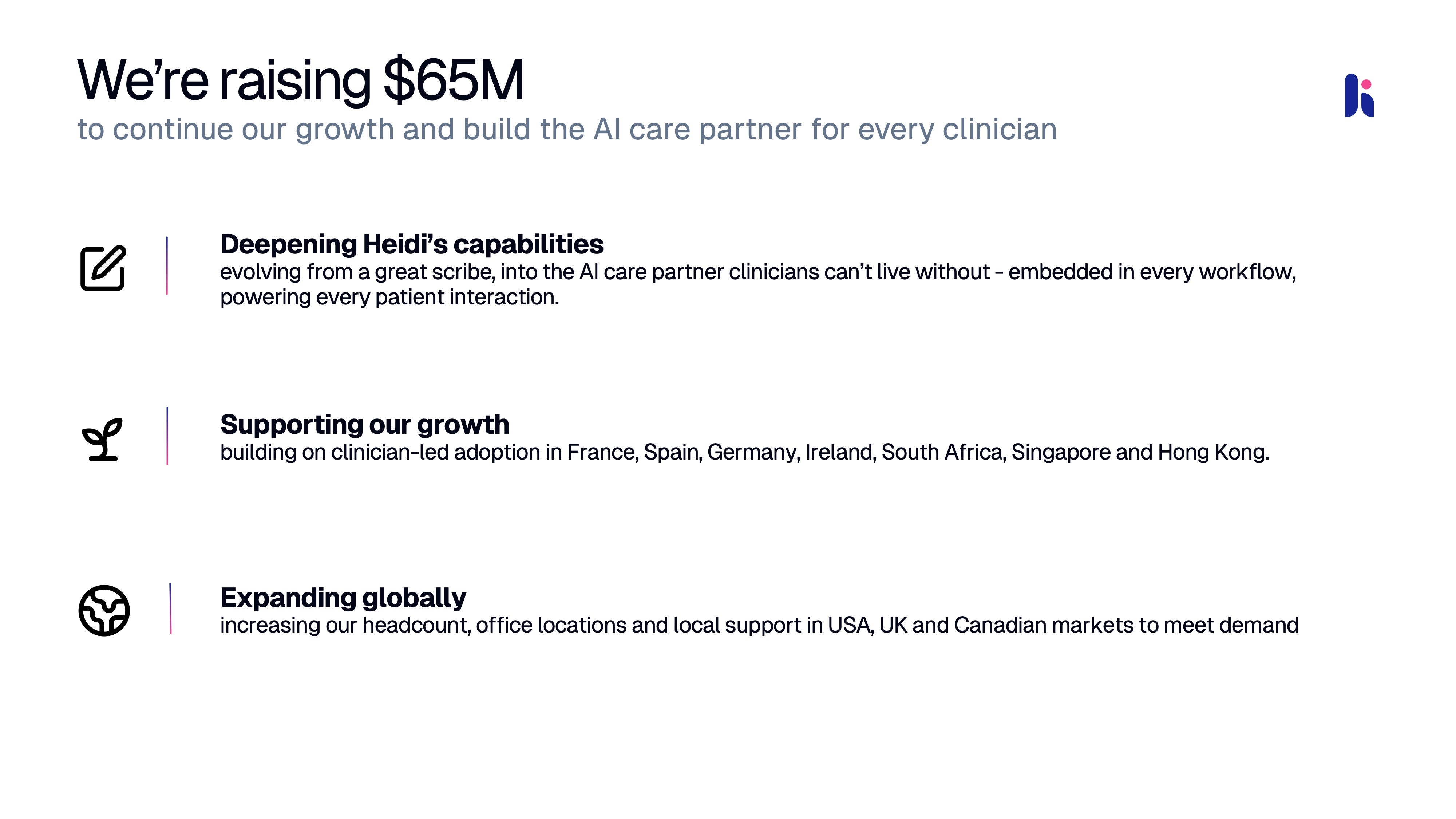 Heidi Health pitch deck slide — We're raising $65 million
